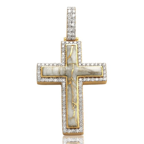 10K Diamond & Gold Quartz Cross Pendant